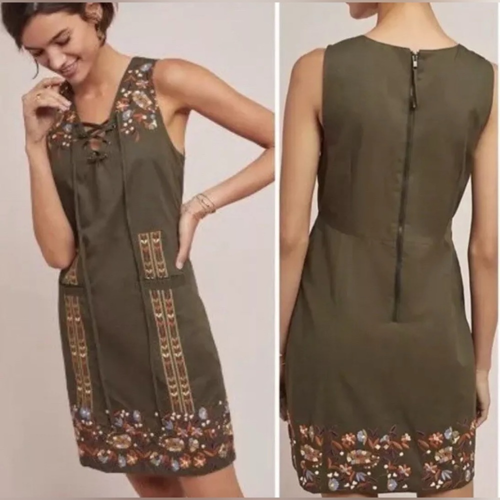 Anthropologie Seen Worn Kept Avis Embroidered Shift Dress Women’s S Boho Green